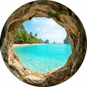 Vue ronde mer turquoise paradisiaque depuis l'intérieur d'une grotte, métaphore de la reconstruction thérapeutique par Caroline Henry, Aix-en-Provence et visio